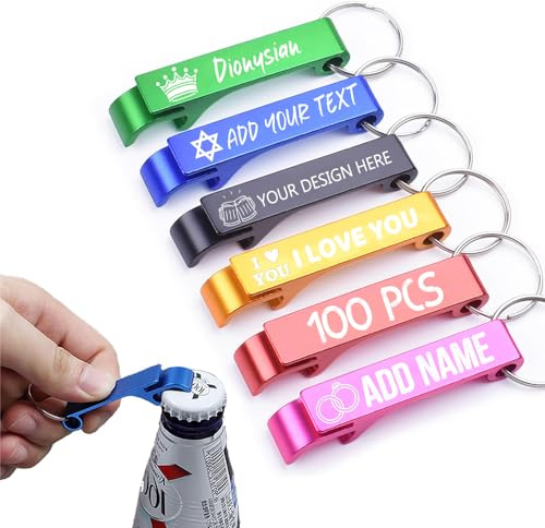 LLLGSH 100pcs Personalisierte Flaschenöffner - mit Ihrem Text Design Logo - Aluminium - für Männer und Frauen - Hochzeitsgeschenke für Gäste - gravierter Aluminium-Schlüsselanhänger - Party - Urlaub