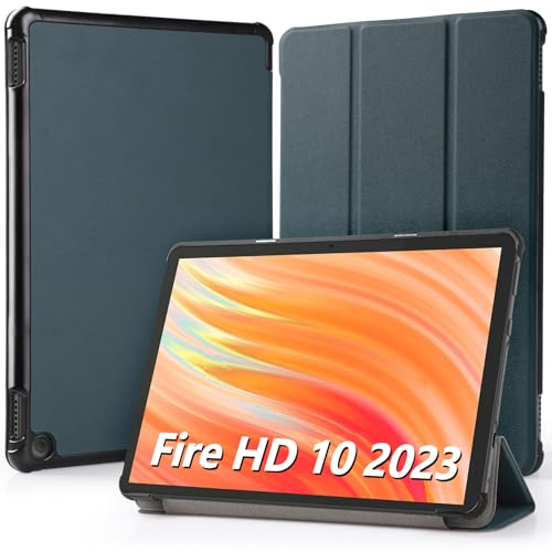 Hianjoo Hülle Kompatibel für Fire HD 10 Tablet 2023 10,1 Zoll, Ultra Dünn Leder Schutzhülle mit Standfunktion Kompatibel für Fire HD 10 13. Generation 10.1, Dunkelgrün