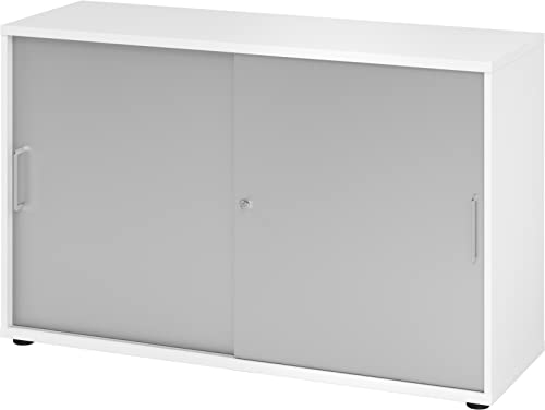 bümö Schiebetürenschrank 2OH - Aktenschrank abschließbar, Sideboard Schrank mit Schiebetüren in Weiß/Silber, Bügelgriff - Büroschrank aus Holz mit Schiebetür, Büro Kommode für Ordner & Co.