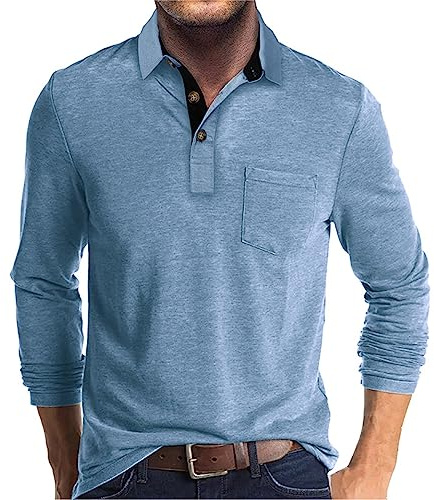 Poloshirt Herren Langarm Shirt Basic Baumwolle Langarmshirt mit Knopfleiste Mode Longsleeve Polohemd mit Brusttasche Leichte Sommershirt Regular Fit Polo Shirt Lässig Longshirt Einfarbige Oberteile