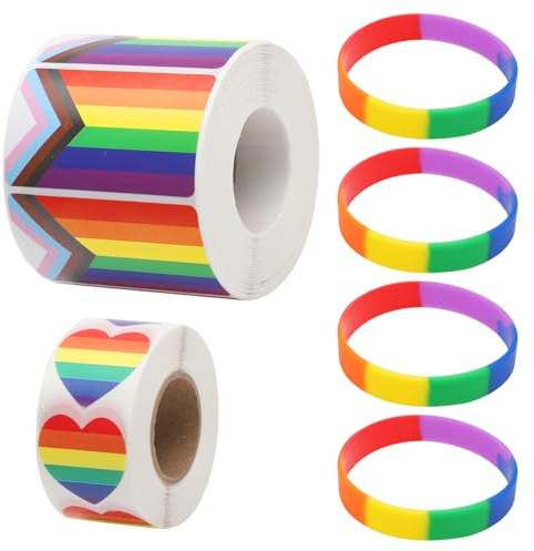 VOSSOT 1000 Pegatinas LGBTQ Arco Iris y 4 Pulseras - Set de Accesorios del Orgullo Gay con Bandera Autoadhesiva