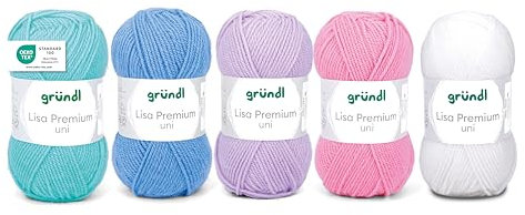 Gründl Wolle Lisa Premium uni - Garn zum Stricken - Strickgarn - Häkelgarn - Weich und hautfreundlich - 100% Polyacryl 5 Knäuel 50 g / 133 m - Nadelstärke 3,5-4,5 - Pastell-Mix