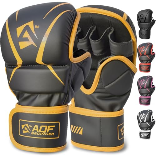 AQF Guanti MMA, Design Palmo Aperto Guantoni Da Boxe, Supporto Migliorato Polso, Imbottitura Ammortizzante, Leggeri MMA Gloves, Guantoni Muay Thai Per Allenamento, Kickboxing, Karate (Oro, S/M)