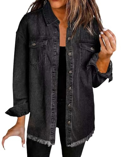 Chemises décontractées pour femme 2024 à la mode Surchemise en jean délavé Veste tendance à ourlet décontracté Veste pour femme Squelette Chemise à manches longues pour femme