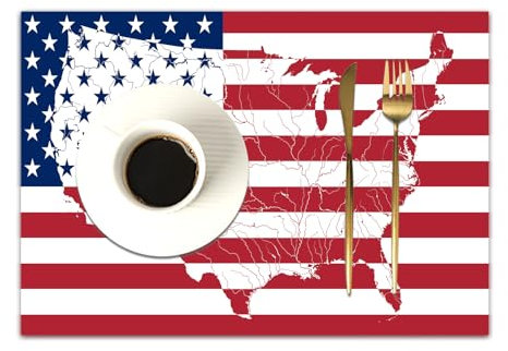DASNK 4er Set Platzsets 30x45cmRutschfest Abwaschbar Tischmatten PVC Abgrifffeste Hitzebeständig Tischsets,Platz-Matten für küche,Dekoration mit amerikanischer Flagge, Flagge in Form eines Kontinents