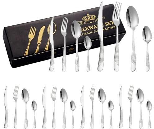 24-pack porslin i rostfritt stål, kraftiga bestick i rostfritt stål med gafflar, skedar, biffkniv, diskmaskinssäker (silver)