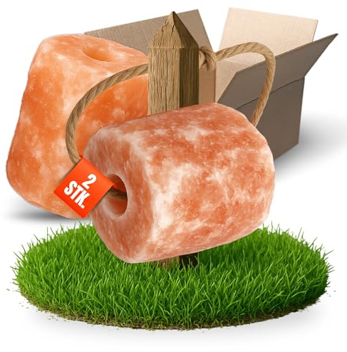 Kristallsteinsalz Leckstein 2er Set mit Kordel - Stein 2kg - 2,5 g aus echtem Himalaya Salz - naturbelassener Salzleckstein für Pferde, Ziegen & Wildtiere - Stall & Weide Pferdezubehör