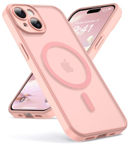 Oududianzi - Magnétique Coque pour iPhone 15 Magsafe Case, Rose | Housse de Arrière Translucide Givrée PC, TPU Silicone Bumper Étui Protection Antichoc Militaire Anti-Empreintes