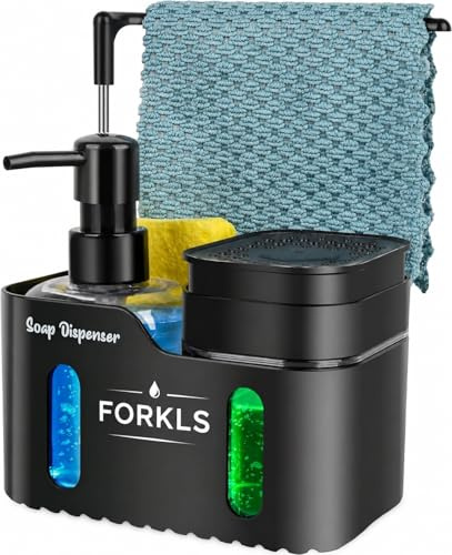 FORKLS Kitchen Soap Dispenser Set with Sponge Holder, Hand & Dish Soap Dispenser for Kitchen Sink, Refillable Soap Pump with Sink Organizer and Towel Holder - Black