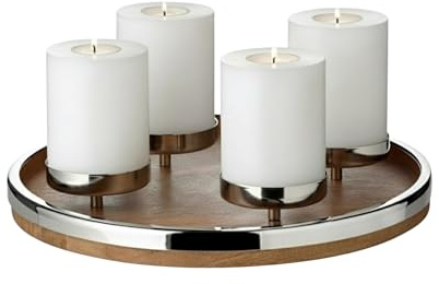 EDZARD Lani Advent Wreath (Diameter 34 cm), Mango Wood and Nickel-Plated Stainless Steel, for Candles Diameter 8 cm, Perfect for Cornelius Permanent Candles - Candle Wreath Wood, Table Wreath for