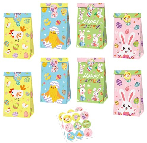 MORAINJAY 12 bolsas de papel de Pascua, bolsas de regalo de Pascua, para fiestas, pequeñas bolsas de Pascua para rellenar con 18 pegatinas, 22 x 12 x 8 cm