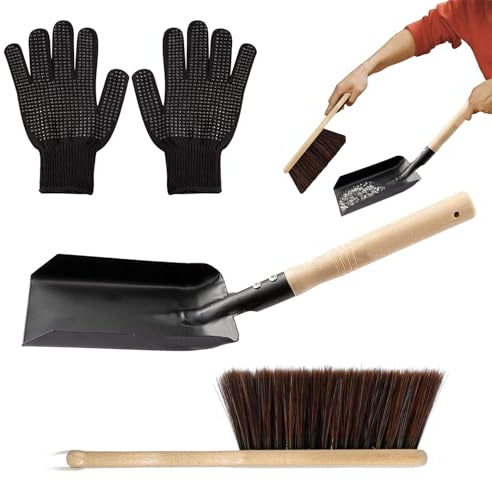Cleaning Tools For Fireplace, Includes Gloves With Wood And Metal Handle, Fire Pit Brush Kit and Charcoal Shovel | For Wood Stove Charcoal Home Fire Pit Indoor Home Garden