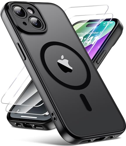 FLLAO for iPhone 14 Case, Magnetic Bumper Phone Case with 2 Tempered Glass Screen Protector, Full Camera Protection, Military-Grade Shockproof, Slim Translucent Matte Cover, Black | 2 Tempered Glass, Full Camera Protection, Military-Grade Shockproof, Slim Translucent Matte Hard Back Bumper Phone Cover