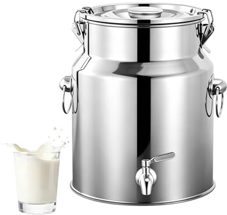 Pot à Lait en Acier Inoxydable, Seau à Laits de 8 Litres avec Couvercle Hermétique, Bidon à Lait avec Robinet pour Vin l'huile Liquides et Solides en Cuisine, Pot à Laits pour Transport ou Stockage