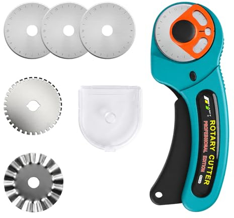 Rotella Taglia Stoffa, Taglierino Circolare, Taglierino in Blu Diametro Lama 45 mm Set da 5 Lame (3 Tonde 1 Dentata 1 Ondulata) Sicurezza a Scatto Automatico Per Carta e Tessuto