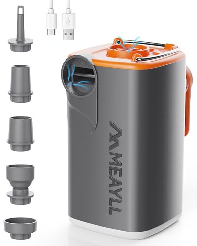 Meayll Bomba de Aire Eléctrica, Inflador Eléctrico Portátil 3000mAh, Mini Bomba 4.5kPa 280L/Min, Infla y Desinfla con Luz LED, 5 Boquillas para Colchones Hinchables, Camping, Bolsas de Vacío