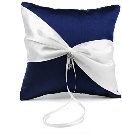 OnePlace Gifts Exclusive Navy Blue Satin Charms Wedding Ring Pillow Bearer 7.8 (Key to Joined Hearts)