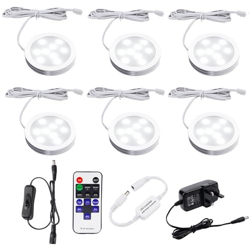 AIBOO LED Under Cabinet Kitchen Lights Wired Plug in with Remote,Dimmable 6 Pack Under Cupboard Kitchen Lights 12V Mains,12W Puck Lights Under for Cupboard Counter Shelf Lights (6000K Daylight White)