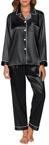 GAESHOW Conjunto de Pijama de Seda de Satén para Mujer, Conjunto de Manga Larga con Botones, Ropa de Dormir, Ropa de Descanso, Conjuntos de Dos Piezas, S-XXL(XL)