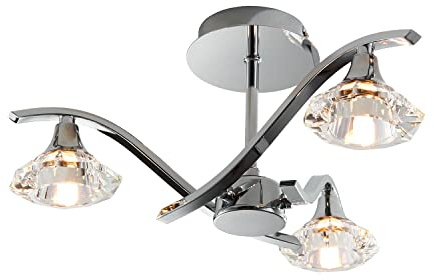 National Lighting Luna Decorative Silver Chrome 3 Way Branch Arm Semi Flush Pendant Ceiling Light with Clear Crystal Glass Shades 450mm