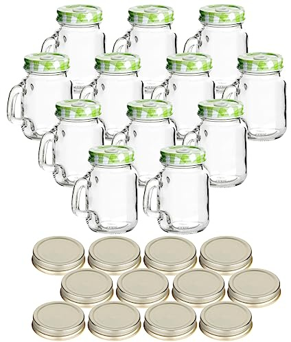 gouveo 12er Set Trinkgläser 110 ml mit Deckel grün, silberfarben - Kleines Trinkglas mit Henkel und Schraubverschluss - Leere Henkelgläser für Kinder, Dessert, Cocktails, Party