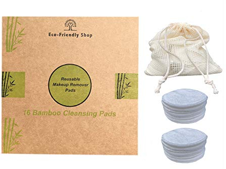 Reusable Make up Remover Pads 16 Bamboo Fibre Round Washable Face Facial Cleansing Wipes including Laundry Bag