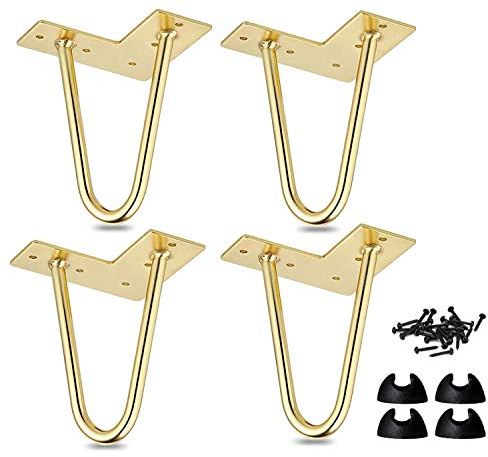 4 Stück Haarnadel Tischbeine 15cm, Modernes Metall Möbelfüße Hairpin Legs mit Bodenschonern, Austauschbare Haarnadelbeine für Schreibtisch Couchtisch Nachttisch Regal Schrank, DIY Möbelgestell Gold
