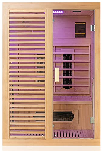Dewello® Infrarotkabine Infrarotsauna Hamlin 130x105 für 1-2 Personen aus Hemlock Holz mit Keramikstrahler, Bodenstrahler, LED-Farblicht, Bluetooth, FM,MP3,USB