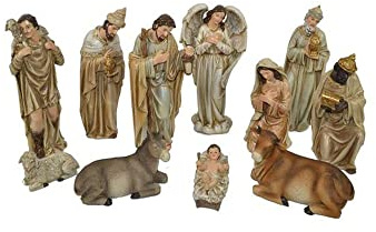 Presepe Natività effetto legno con 11 soggetti Fino a 20 cm Personaggi Statue BIANCA Natività Grande Giuseppe Maria Gesù Bambino, Re Magi, Bue e Asinello, Angelo, Pastore con Pecora