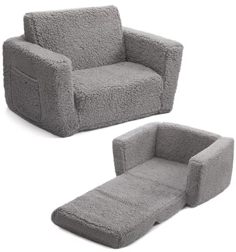 BEJOY Kindersofa Aufklappen 2 in 1 Schlafsofa, Kindersessel, Sherpa Kinder Couch Ausklappbar Kinder Sofa für Kinderzimmer Kindertags- und Geburtstagsgeschenk für Mädchen und Jungen, Grau