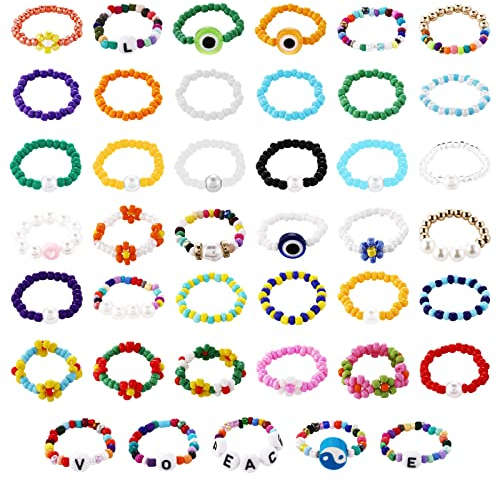 40 Stück Blumen Perlen Ring Bunte Gänseblümchen Evil Eye Perlenringe Elastische Stapel Boho Strandringe für Damen Mädchen