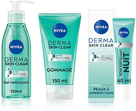 Routine Anti-Imperfection NIVEA Derma Skin Clear: Gel nettoyant, Gommage, Soin exfoliant quotidien nuit