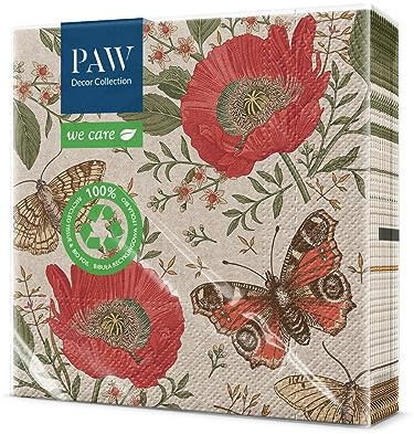 PAW - Napkins 3-Ply (33 x 33 cm) I 20 Pieces I Perfect for Birthdays, Parties, Communion and Celebrations I Paper Napkins with Nature Theme I Environmental Protection, Flowers I Butterflies
