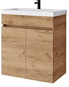 Planetmöbel Waschbecken mit Unterschrank, inkl. Keramikwaschbecken, modernes Badmöbel Set, 63 x 60 x 36,5 cm, Gold Eiche