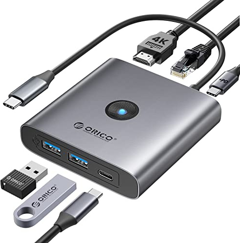 ORICO Hub USB C, estación de Acoplamiento USB C 6 en 1 con HDMI 4K 60Hz, 2 USB-A 3.0+1 USB-C 3.0, PD 100W, 2.5G Ethernet, Adaptador USB C para MacBook Pro/Air, HP, Samsung, DELL, y Otros Dispositivos