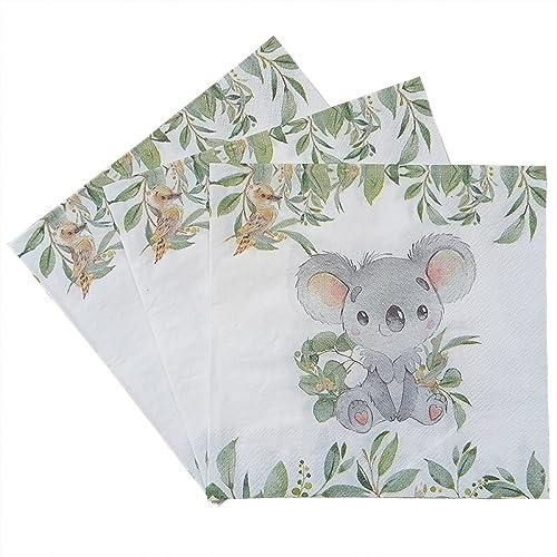 100Pcs Geburtstagsfeier Papierservietten,Frische Grüne Blätter Grau Koala Tier,2-Lagige Einweg-Papier-Party-Servietten 33Cmx33Cm Ideal Für Die Decoupage-Herstellung Für Die Junggesellinnenabs