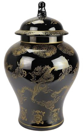 Fine Asianliving Pot à Gingembre Chinois Porcelaine Noir Dragon Peint à la Main D29xH46cm Chinois Vase avec Couvercle Asiatique Jingdezhen Mandarin Décorative