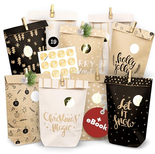 AMARI ® Adventskalender zum Befüllen - 24 Papier Adventskalender Tüten (mit Holzklammern) zum Basteln für Kinder - Papier Weihnachtskalender zum selber befüllen Tüten Weihnachtskalender selber basteln