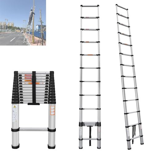 Scala telescopica color argento, 5 m, in alluminio, allungabile, pieghevole, regolabile in altezza, portata 150 kg