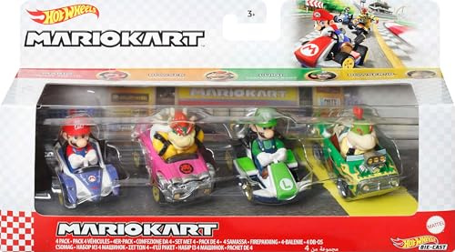 Hot Wheels, Mario Kart, Surprise Pack of 4 Cars, Luigi, Mario, Bowser and Bowser Jr, Toys for Boy, Mattel