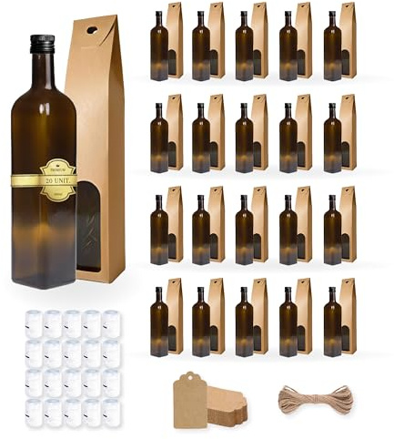 Espirito Rebelde 20 Botellas de Cristal Oscuro 500ml con Tapón de Rosca Negro + 20 Cajas + 20 Sellos + 20 Etiquetas Kraft + Cuerda - Aceite de Oliva, Vinagre, Alcohol, Salsas - Aceitera de Cristal