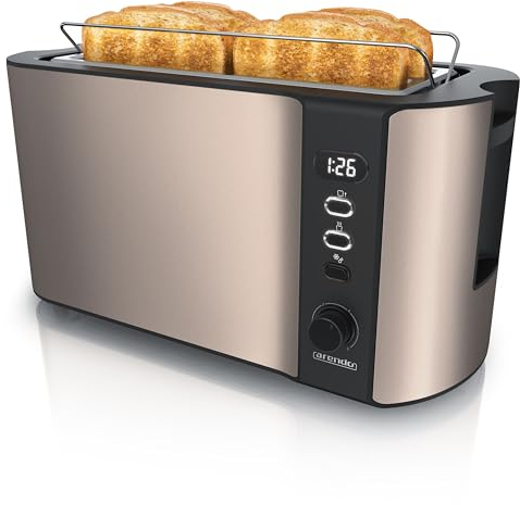Arendo - Grille Pain 2 Larges Fentes 4 tranches écran Digital - Grille-Pain Automatique 3en1-1500W - 6 Niveaux réglables décongélation réchauffe viennoiseries Plateau à miettes -Toaster Bronze