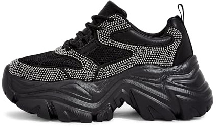 K KIP WOK Chunky Sneakers for Women Fashion Platform Rhinestone White Leather Casual Dad Shoes Comfortable Wedge Walking Sport Sneakers(Black Rhinestone,7)