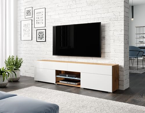 MINIO go for it - Meuble TV Care, Largeur 180cm, Table télé pour la Chambre, Autoportante, avec Deux tiroirs, Deux niches et Deux Portes, Wotan chêne/Blanc Brillant - sans LED