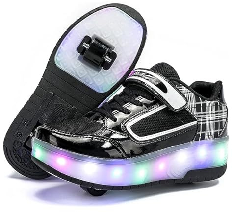 HUSKSWARE Jungen Mädchen Automatisch 2 Räder Skateboardschuhe, Rollschuhe für Kinder Schuhe Mit Doppelt Rollen, Outdoor Fitnessschuhe Sneakers, Schwarz-Weiß, 32 EU