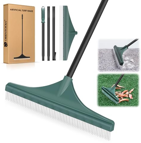 ORIENTOOLS Rastrello per erba artificiale, rastrello per prato artificiale, con manico in acciaio (manico regolabile a 3 sezioni)