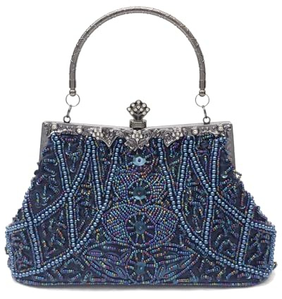 CORIOS Vintage 1920s Clutch Tasche Damen Handgemachte Perle Handtasche Abendtasche Elegante Schultertasche Kette Umhängetasche Klein Tasche Hochzeit Bankett-Party Abschlussball Tasche Blau