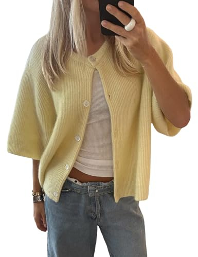 Geagodelia Damen Strickjacke Kurz Elegante Kurzarm Strick Cropped Cardigan Pullover Strickpullover Strickweste Y2k Sweater Knitted Top Herbst Frühling (A - Gelb, L)