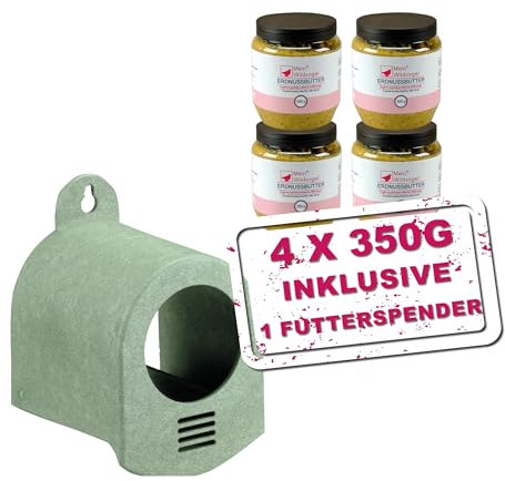 Mein Wildvogel MeinWildvogel - Erdnussbutter und Spender Starter Set, 1x Futterspender 4X Erdnussbutter 350g, 100% recycelter und ganzjährig nutzbarer Spender, nährstoffreiches Fettfutter