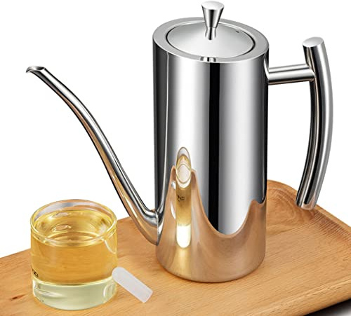 BYWXW Edelstahl-Öltopf 304,Edelstahl Olivenöl Ölspender,Speiseölkanne Ölkanne,Langer Mund Zutatenspender Ölflasche Küche Gewürzkessel Kännchen für Öl(Size:1000ml,Color:Silber)